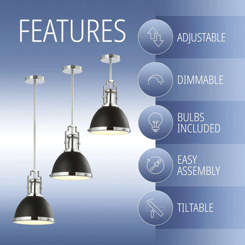 Industrial Iron Dome Pendant Light 10 Inch Black Chrome Finish Adjustable Hanging Fixture For Kitchen Island Or Entryway Modern Black Metal Shade LED Bulb Included with features listed as adjustable, dimmable, bulbs included, easy assembly, and tiltable.