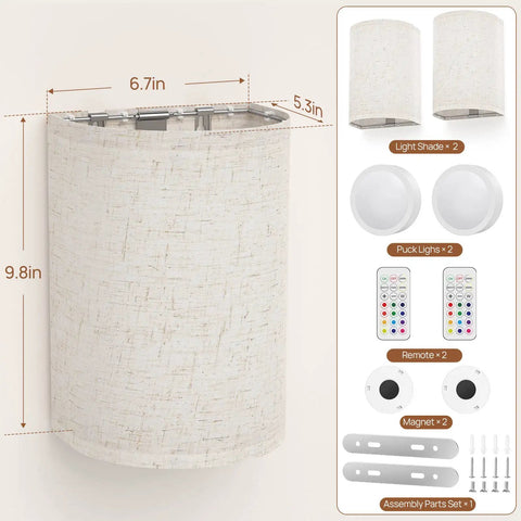 Magnetic Battery Operated RGB Wall Sconce Set Of 2 With Dimmable Remote showing dimensions, fabric linen shade and parts included.