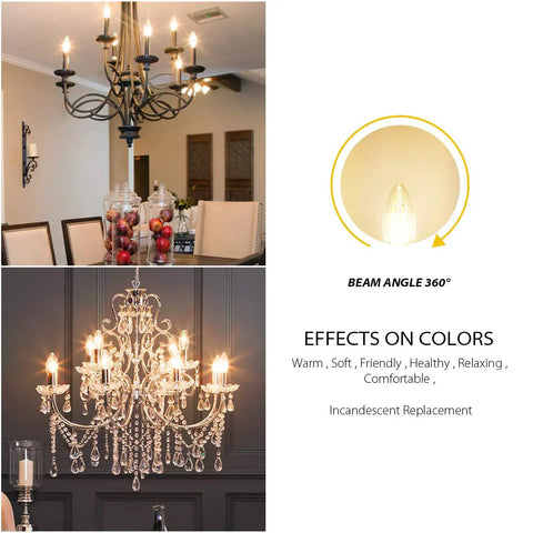 Cozy Warm Glow LED Filament Candle Bulbs in chandelier and sconces, E26 Candelabra Base, 4.5W 60W Equivalent, warm white, six pack
