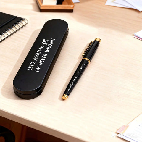 Funny Engineer Gifts For Men And Women Engraved Gel Pen Gift Set on desk with engraved case for Mechanical Engineers and Tech Nerds
