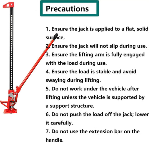 Ratcheting Utility Farm Jack with safety precautions list for 6000 lb capacity, heavy duty lifter for tractors and trucks.