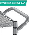 Close-up of handle on Heavy Duty 3 Tier Metal Utility Rolling Cart With Wheels For Kitchen Garage Office And Commercial Use in gray.