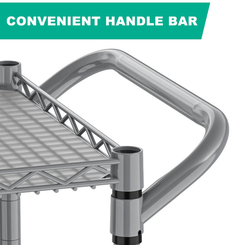 Close-up of handle on Heavy Duty 3 Tier Metal Utility Rolling Cart With Wheels For Kitchen Garage Office And Commercial Use in gray.