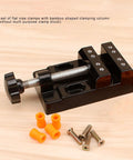 Aluminum Alloy Handheld Drill Press Vise Clamp Opens 0-2.1 Inches, flat vise, bamboo shaped clamping, with accessories on table