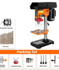Heavy Duty 12 Speed Benchtop Drill Press Stand With Robust 750W Motor, adjustable height table, and drill accessories.