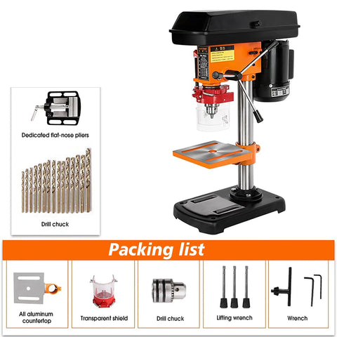 Heavy Duty 12 Speed Benchtop Drill Press Stand With Robust 750W Motor, adjustable height table, and drill accessories.