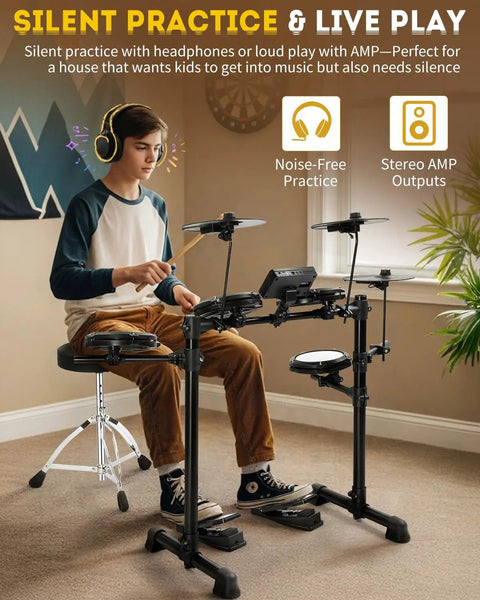Person playing Compact Electric Drum Set with Quiet Mesh Drums, USB MIDI and Type C Charging, in a home setting for silent practice