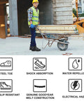 Worker wearing Steel Toe Work Boots For Men Leather Oil Resistant Slip Resistant And Heat Resistant Heavy Duty Safety Boots Built For Tough Job Sites In Industrial And Construction Wide Width US 15W Electrical Hazard Approved