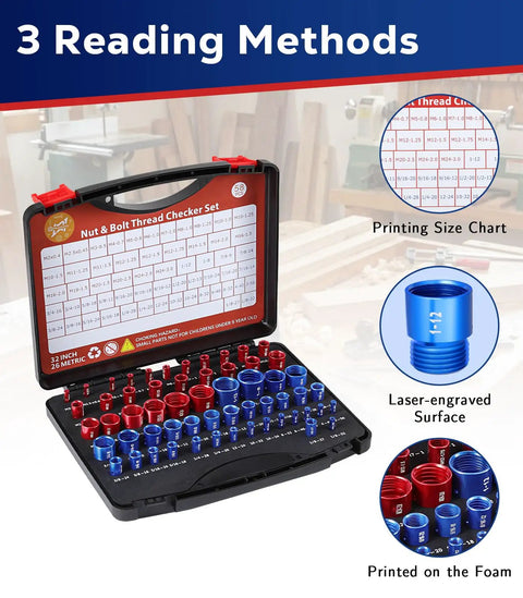 Open case showing 58 Piece Thread Checker Set With 32 Standard And 26 Metric Bolt Size Finders for quick identification