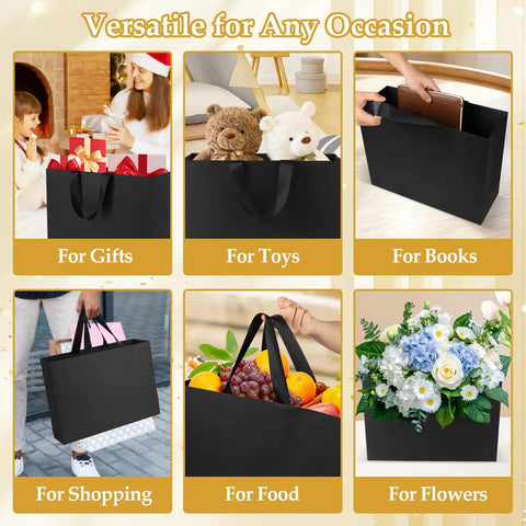 Black Gift Bags With Handles And Tissue Paper Set, 8 By 5 By 10 Inches, 4 Pack, for gifts, toys, books, shopping, food, flowers