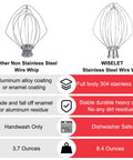 Comparison of non-stainless steel wire whip and WISELET heavy duty 6-wire stainless steel whisk for 6 qt bowl-lift stand mixers.