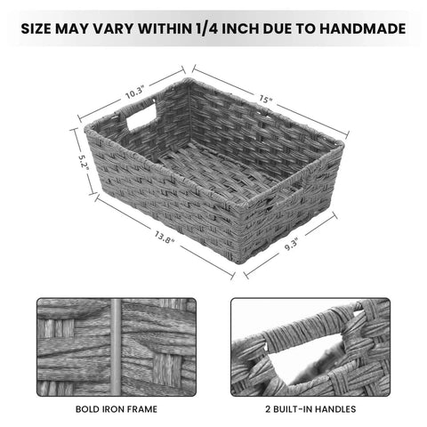 Large Woven Storage Baskets With Metal Frame Set Of 2 Waterproof And Washable 15 By 10.3 By 5.2 Inches Grey Durable Organizer