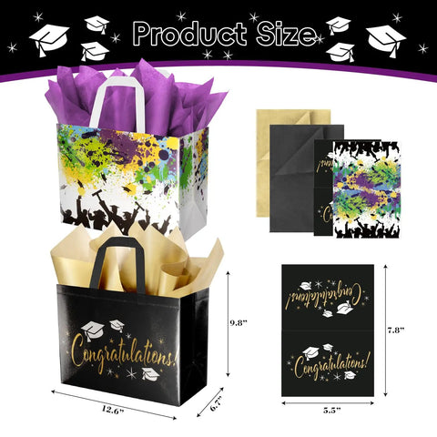 Two Pack Graduation Gift Bags With Tissue Paper, Cards And Reusable Nonwoven Totes, White Colorful And Black Gold Design, 12.6 Inch Size