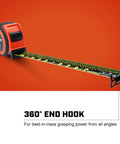 ControlTouch NITE Eye 16ft Tape Measure showing 360-degree end hook feature, anti-pinch brake, and high-contrast XL blade.