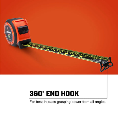 ControlTouch Nite Eye Tape Measure With Anti Pinch Lock, 360 Degree End Hook And 11 Foot Standout, Durable 6 Point Case, 1-3/16 Inch By 25 Foot Tape, Pro Level Precision For One Person Use displayed on a red background with visible 360-degree end hook feature emphasized.