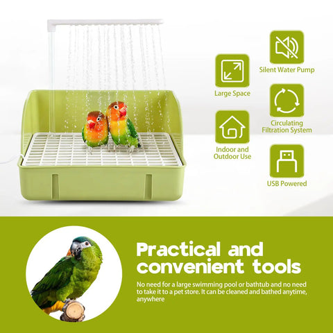 Spacious Expandable Indoor Bird Bath Fountain With Automatic Circulating Faucet And USB Pump Large Bird Bath For Parrots And Small Birds Easy Clean Green image showing green bath setup with birds and water circulation feature.