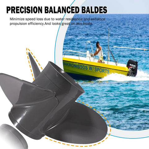 Bolt-On Upgrade Aluminum Outboard Boat Propeller 13-1/2 X 15 3 Blade Right Hand Rotation on water with boat
