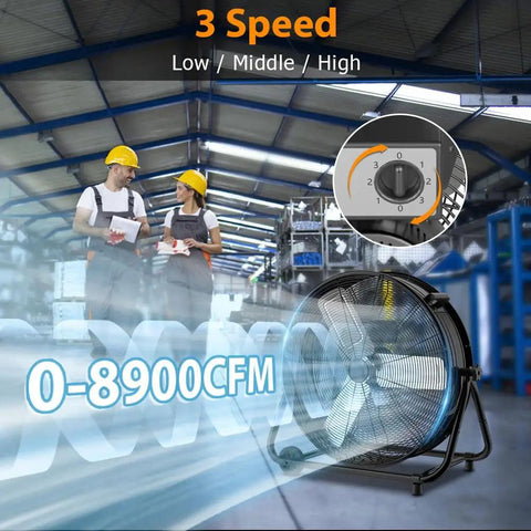 24 Inch Industrial Drum Fan With 8900 CFM High Velocity Air Circulator, 3 speed setting in warehouse environment