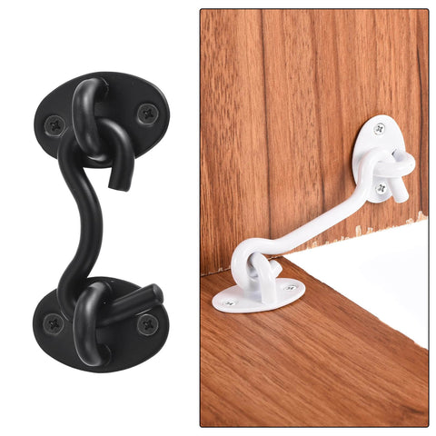 Two Pack 2 Inch Hook And Eye Latch For Privacy Stainless Steel Barn Door Lock Hardware For Windows Cabinets Sliding Doors Bedroom And Bathroom Black Finish Built To Last, showing black latch close-up and white latch installed on wood surface.