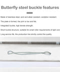Butterfly steel buckle features showing stainless steel material, flat joint design, and integrated high tensile strength for conveyor use.