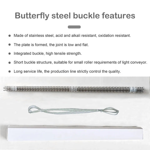 Butterfly steel buckle features showing stainless steel material, flat joint design, and integrated high tensile strength for conveyor use.
