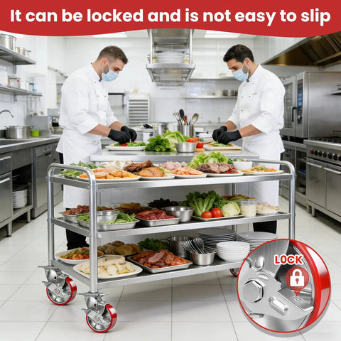 Heavy Duty Swivel Caster Set Of 4 With Dual Wheel Brakes And Rock Solid Industrial Rolling Support For Shop Equipment displayed on a kitchen cart.