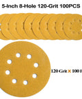5 Inch 120 Grit Hook And Loop Sanding Discs With 8 Holes For Random Orbit Sander, 100 Pack arranged in a fan shape