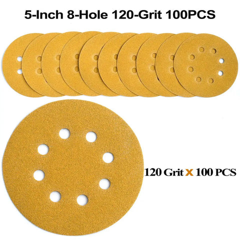 5 Inch 120 Grit Hook And Loop Sanding Discs With 8 Holes For Random Orbit Sander, 100 Pack arranged in a fan shape