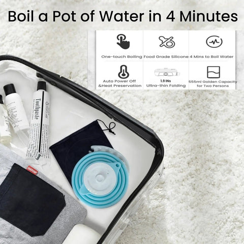 Ultra Thin Collapsible Travel Electric Kettle With Auto Shut Off And Keep Warm 110V, 555ml Food Grade Silicone in suitcase