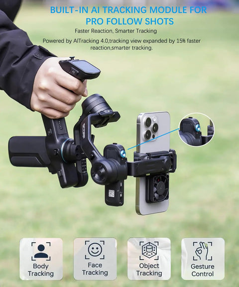 Person using Pro Level Smartphone Gimbal With 3-Axis Stabilization, Built-In AI Tracking Module, and cooling fan on a smartphone.