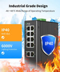 8 Port Gigabit PoE Plus Switch With DIN Rail Power Supply And Two Gig Uplink Ports, 120W Budget, Built For IP Cameras, VoIP Phones, And Wireless APs, Rugged Onsite Industrial Network Gear, IP40 aluminum housing