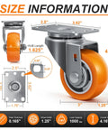 3 Inch Heavy Duty Swivel Caster Wheels Set Of Four Non Marking Polyurethane Treads On Aluminum Hubs size information diagram