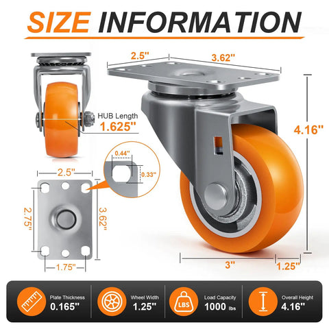 3 Inch Heavy Duty Swivel Caster Wheels Set Of Four Non Marking Polyurethane Treads On Aluminum Hubs size information diagram