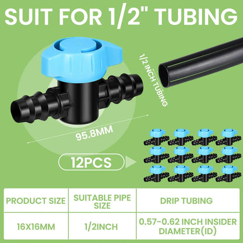 12 Pack One-Half Inch Drip Irrigation Barbed Valve Fittings With Ball Shut Off Barbed Switch Valves For Garden Sprinkler Sixteen Millimeter Adapters For Half Inch And Five-Eighths Inch Drip Tubing No Fuss Flow Control For Easy Setup, product on green background with specifications