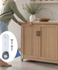 Durable Steel Construction Two Pack 1.5 Inch Anti Sag Door Support Wheels Low Profile Caster Hardware shown on wooden cabinet.