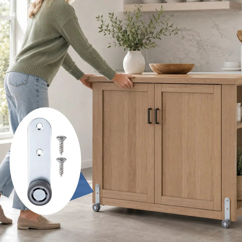 Durable Steel Construction Two Pack 1.5 Inch Anti Sag Door Support Wheels Low Profile Caster Hardware shown on wooden cabinet.