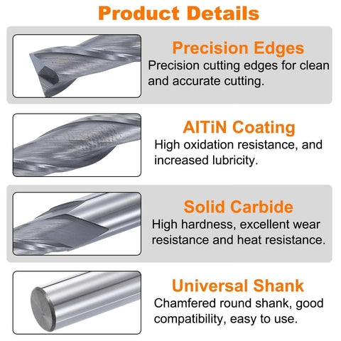 HARFINGTON spiral router bit, 1/4 in cut dia, up-cut, 2-flute solid carbide, AlTiN coated, 1/4 in shank (close-up)