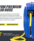 Air Hose Reel Retractable One Quarter Inch By Fifty Foot Premium Commercial Hybrid Flex Polymer Hose Heavy Duty Spring Driven Polypropylene Case With PVC Handle For Quick Clean Setups And Rugged Long Lasting Use, showing blue case and yellow hose with kink-resistant label
