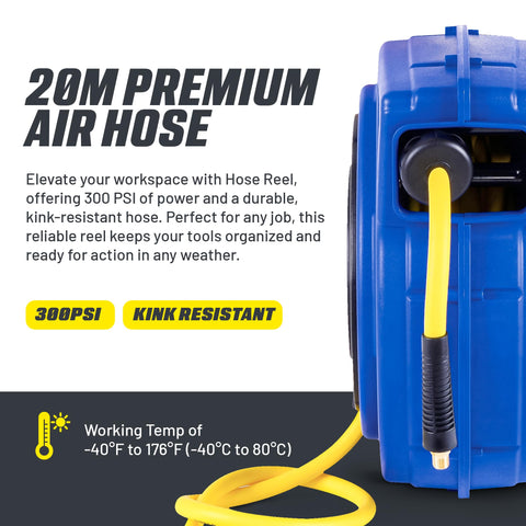 Air Hose Reel Retractable One Quarter Inch By Fifty Foot Premium Commercial Hybrid Flex Polymer Hose Heavy Duty Spring Driven Polypropylene Case With PVC Handle For Quick Clean Setups And Rugged Long Lasting Use, showing blue case and yellow hose with kink-resistant label
