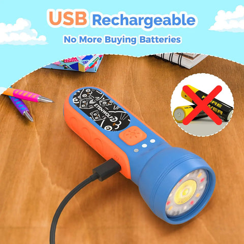 Kid Friendly Rechargeable LED Flashlight With Fun DIY Stickers, 6 Light Modes, Adjustable Brightness, 1500mAh Battery on table