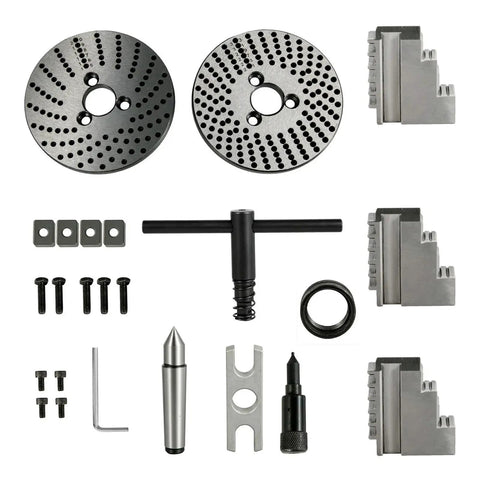 Heavy Duty Semi Universal Dividing Head With Quick Swap Four Inch Chuck And MT2 Tailstock Knockout Precision Indexing Fixture accessories including chuck plates and tooling.