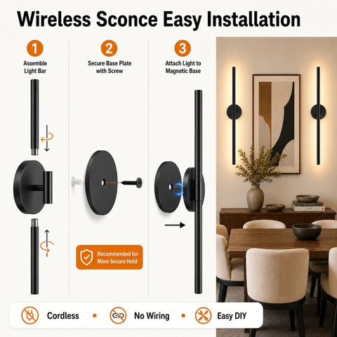 Installation steps for Modern Cordless Wall Sconces Set Of 2 With Remote And Touch Dimming Rechargeable Battery Operated Led Lights.