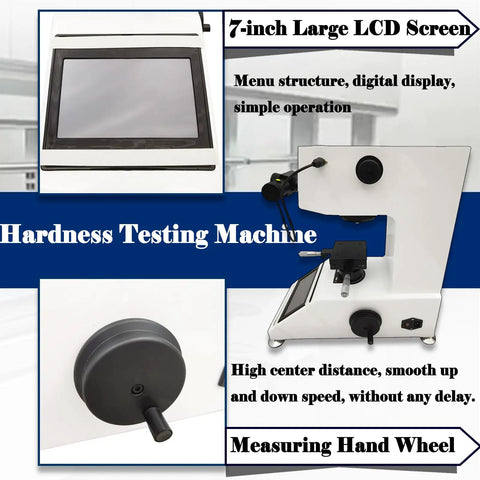 Hella Precise Micro Digital Vickers Hardness Tester With Automatic Turret And Top Shelf Vicker Meter Featuring A 7 Inch Touch Screen Display.