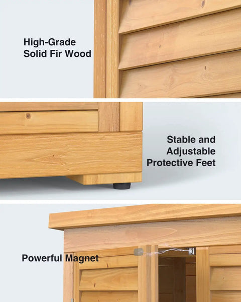 Close-up of Outdoor Storage Cabinet With Lockable Double Doors And 3 Removable Shelves in high-grade fir wood.