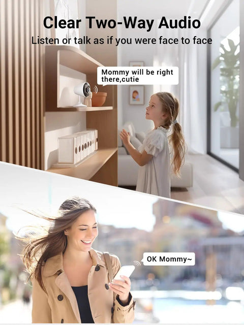 Dual Band Indoor Outdoor Security Camera With App Control For Home And Fur Babies showcased in living room and app usage outdoors.