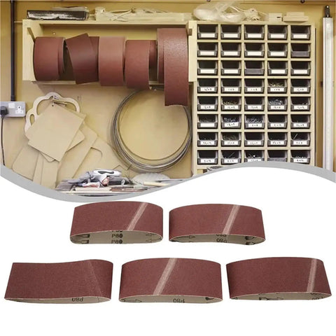 Heavy Duty 75 X 457 mm Sanding Belts 3 Pcs Wood Polishing Abrasive Paper 80 To 320 Grit displayed in a workshop setting.