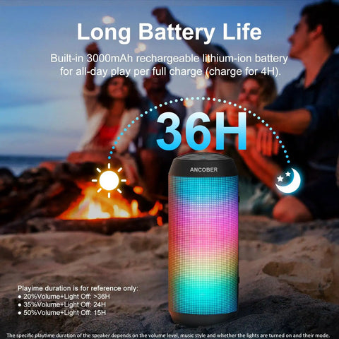 20W Portable Bluetooth Speaker With Crankin Loud Stereo Sound, 8 LED Light Modes, 36 Hour Playtime, shown on a beach at night