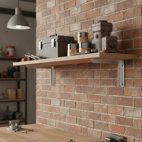Heavy Duty L Shaped Galvanized Steel Shelf Bracket Wall Mount For Garage And Workshop Storage with tools on wooden shelf
