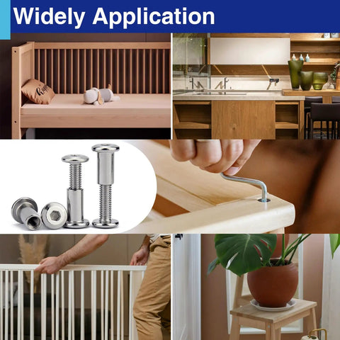 Collage showing 30 Sets M6 X 20mm Barrel Nuts And Bolts Kit for furniture assembly with hex key, crib, cabinets, and plant stand.