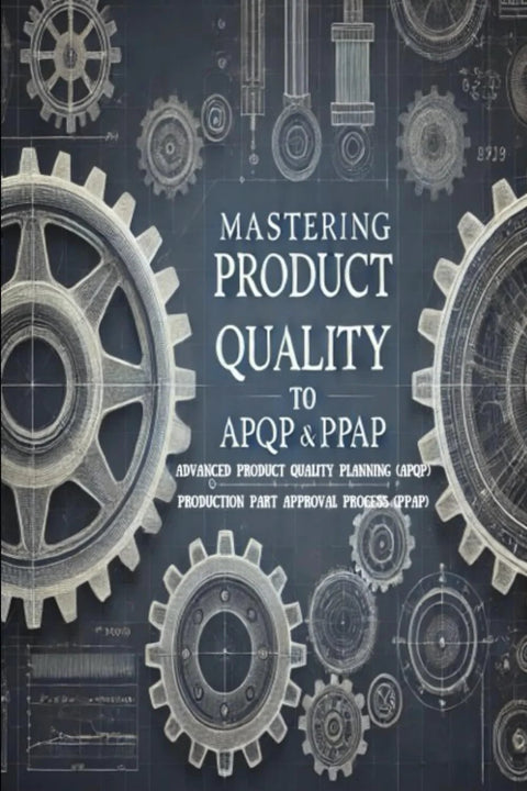 Front view of book: Mastering Product Quality: APQP & PPAP guide, blue cover with white gear illustrations